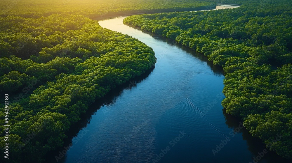 Aerial View of River Winding Through Lush Green Forest Aerial View of River Winding Through Lush Green Forest