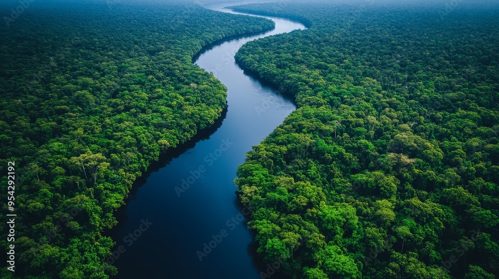 Aerial View of River Winding Through Lush Rainforest Canopy Aerial View of River Winding Through Lush Rainforest Canopy