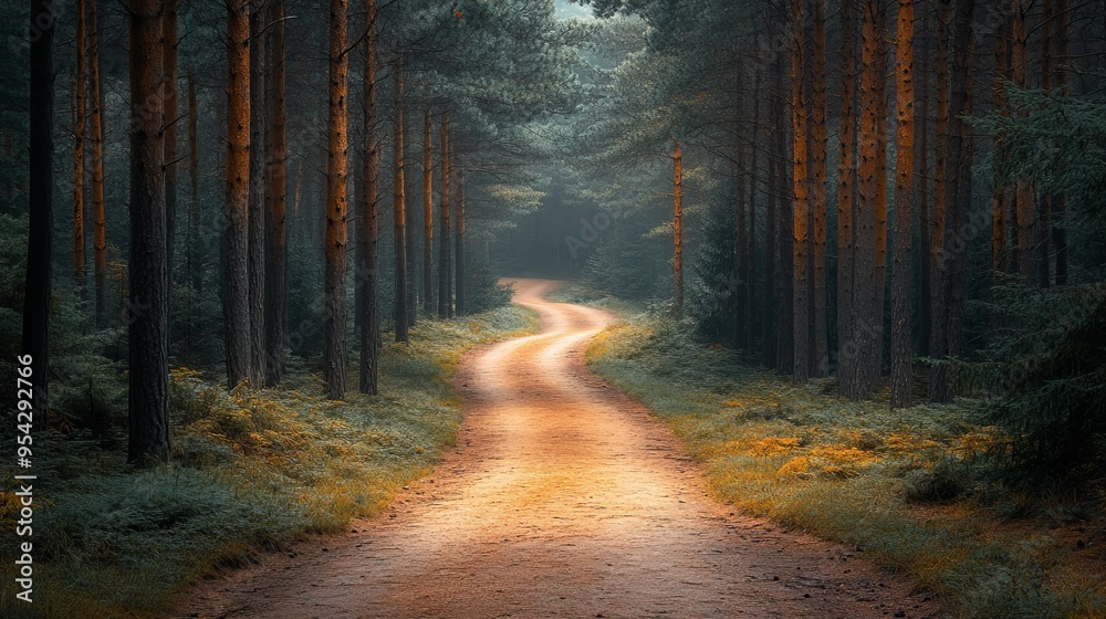 Fototapeta premium Mystical Forest Path With Sunlight and Fog