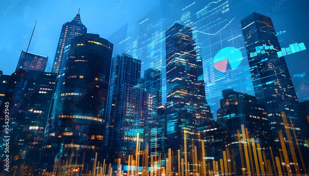 Skyscrapers at Night with Overlaid Financial Data and Charts Skyscrapers at Night with Overlaid Financial Data and Charts