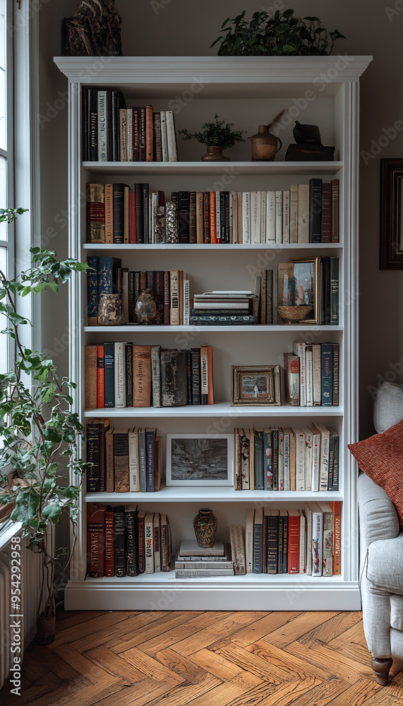 A white bookshelf filled with books, decorative items, and framed photos stands in a living room with a hardwood floor and a window with a plant. A white bookshelf filled with books, decorative items, and framed photos stands in a living room with a hardwood floor and a window with a plant.