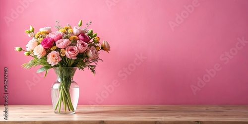 Aesthetic floral arrangement on table against pink wall background