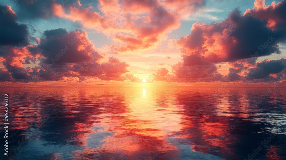 Fototapeta premium Dramatic Sunset Over Calm Ocean Water With Colorful Clouds