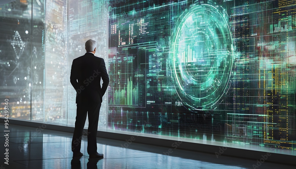 Man in Suit Looking at Digital Display in Modern Office Man in Suit Looking at Digital Display in Modern Office