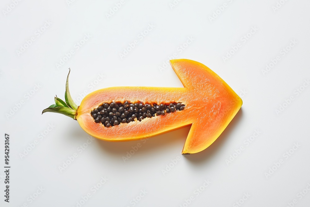 Papaya Pointing the Way: A ripe papaya, sliced into an arrow shape, signals a healthy direction on a clean white background. Papaya Pointing the Way: A ripe papaya, sliced into an arrow shape, signals a healthy direction on a clean white background.