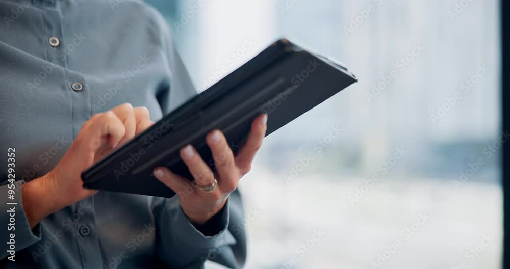 Business, mature woman and hands with tablet in office for schedule meeting, project tracking and client proposal. Account manager, closeup and tech for task management, financial overview and review