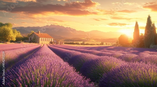 Picturesque Scene of French Lavender Fields at Sunset