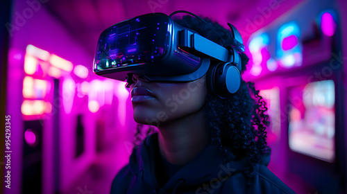 Woman in VR headset standin...