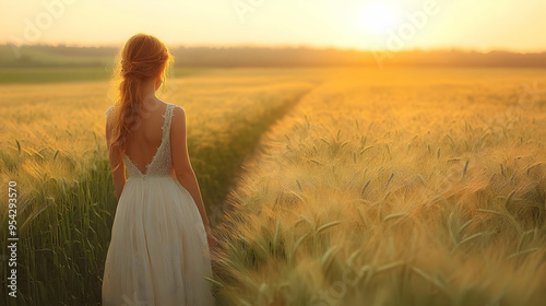 Woman in white dress walkin...