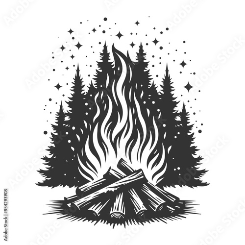 Silhouette of campfire. Bonfire Vector art on white background. 