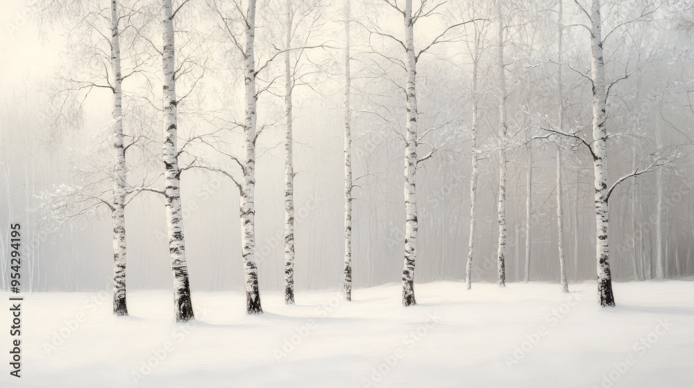 Birch Trees in a Snowy Foggy Forest Birch Trees in a Snowy Foggy Forest