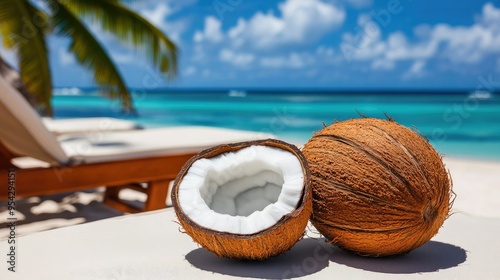 Wallpaper Mural Fresh coconuts on sandy beach with turquoise ocean and palm trees in the background, perfect for summer themes and tropical vibes. Torontodigital.ca