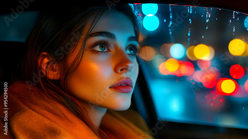 Woman looking out a car win...