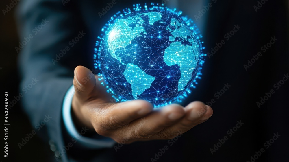 A man is holding a blue globe in his hand A man is holding a blue globe in his hand
