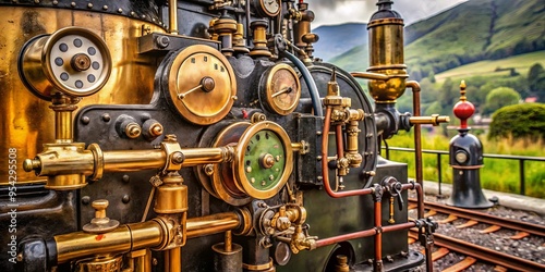 Detailed close-up of vintage steam locomotive train controls with brass gauges, levers, and valves on a historic narrow gauge railway in Snowdonia National Park, Wales