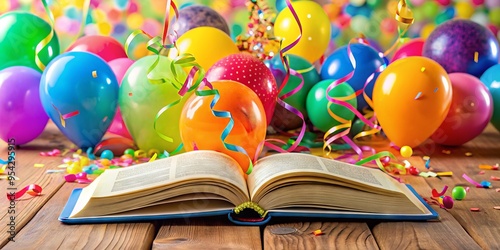 Vibrant balloons and colorful streamers surround a beautifully decorated Bible, conveying joy and celebration on a photo