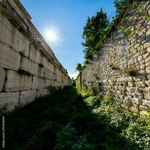 Ancient stone walls of Constantinople's Theodosian Walls, overgrown with vines and moss, morning sunlight casting long shadows, a realistic photo image. photo