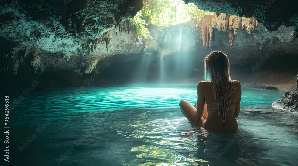 Fototapeta premium Woman sits by a turquoise lagoon in a cave.