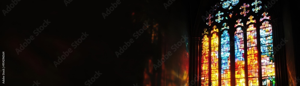 A stunning stained glass window illuminated by colorful light, creating a serene atmosphere in a dimly lit room. A stunning stained glass window illuminated by colorful light, creating a serene atmosphere in a dimly lit room.