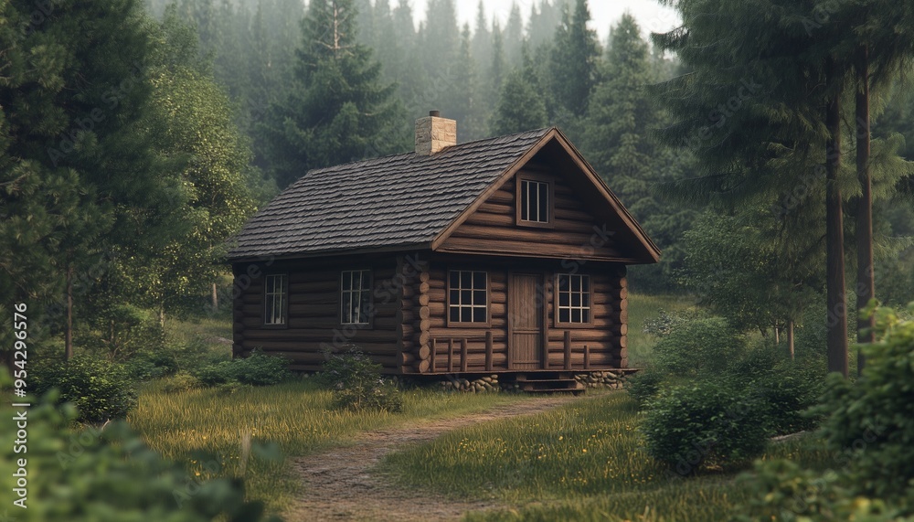 Cabin wooden house in forest with tall tree and soil road Cabin wooden house in forest with tall tree and soil road