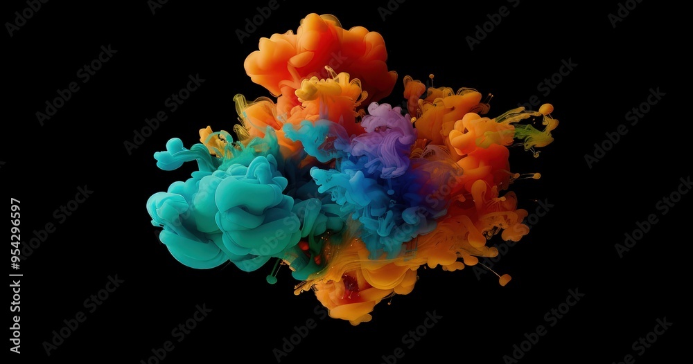 A vibrant explosion of colorful smoke and fluid shapes against a black background. A vibrant explosion of colorful smoke and fluid shapes against a black background.