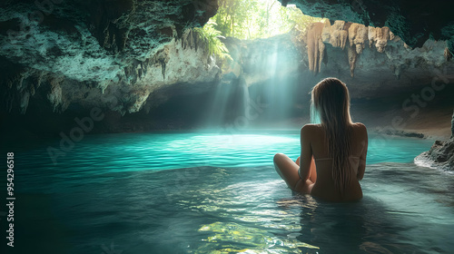 Woman sits by a turquoise lagoon in a cave.