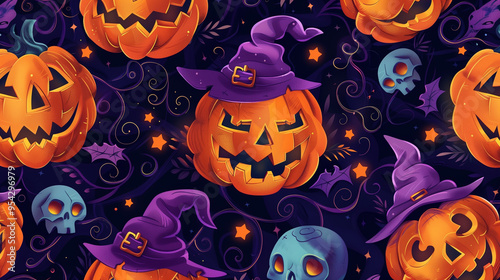 Dark and vibrant Halloween pattern featuring jack-o'-lanterns, witch hats, and skulls on a purple background