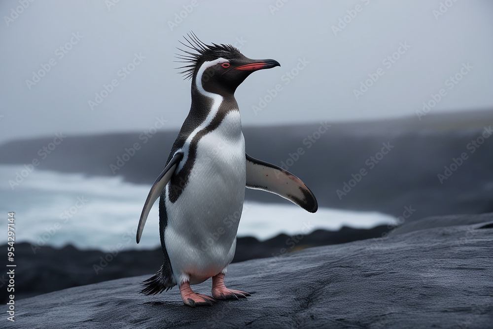 Naklejka premium A solitary rockshopper penguin stands proudly on rock