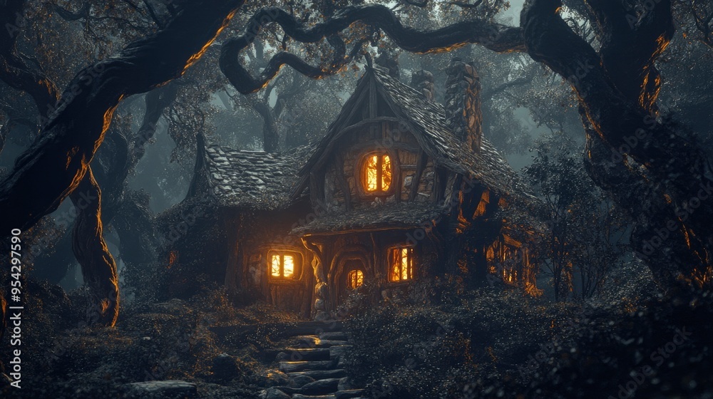 rustic, cabin-style villa framed by a forest of twisted, gnarled trees, their branches illuminated by a warm, flickering glow from within. rustic, cabin-style villa framed by a forest of twisted, gnarled trees, their branches illuminated by a warm, flickering glow from within.