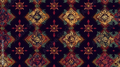 A seamless pattern featuring traditional Thai Kanok patterns with curved, flame-like shapes in bright colors