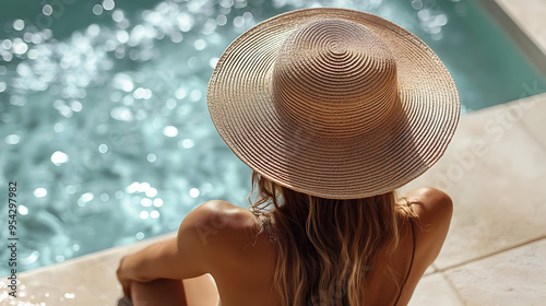 Woman wearing a wide-brimmed straw hat sits by a pool.