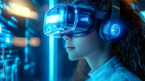 Woman wearing VR headset in a futuristic setting.