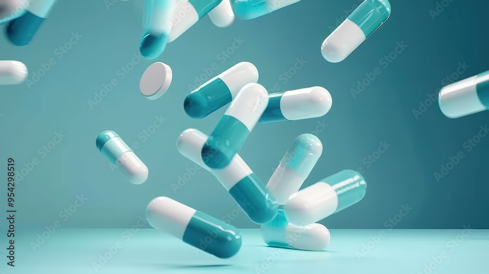 Blue and white capsules falling Blue and white capsules falling