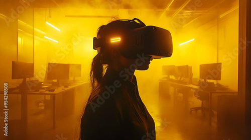 Woman wearing VR headset in...