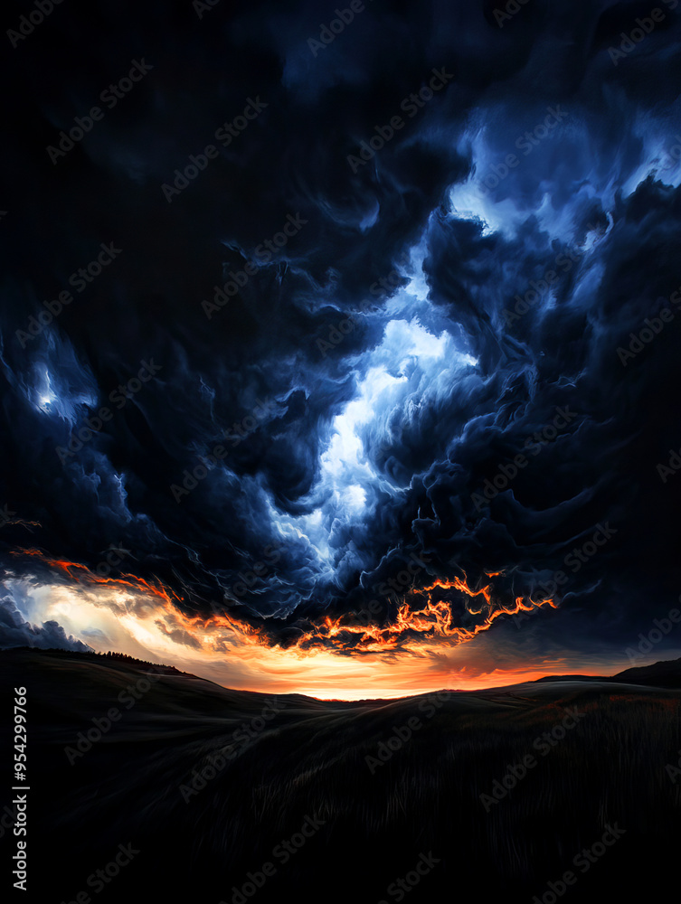 Fototapeta premium Dramatic storm clouds with a vibrant sunset on the horizon, creating a stunning contrast between dark and light skies over a landscape.