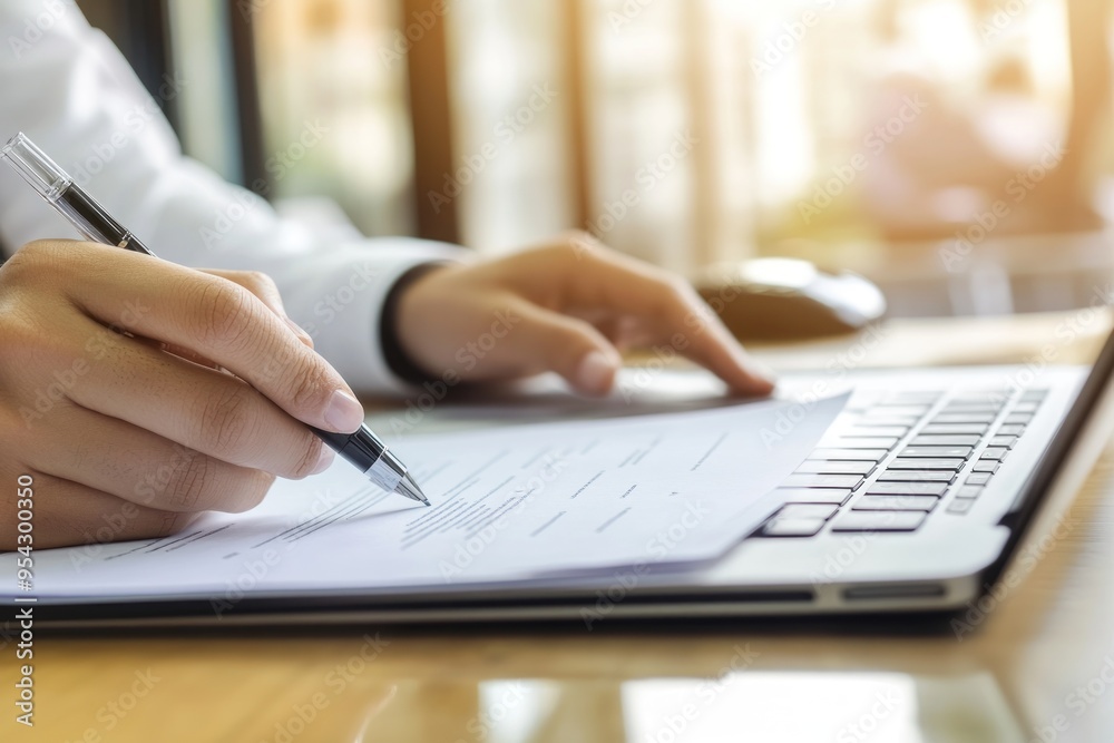 Hand Signing a Document on a Laptop Hand Signing a Document on a Laptop