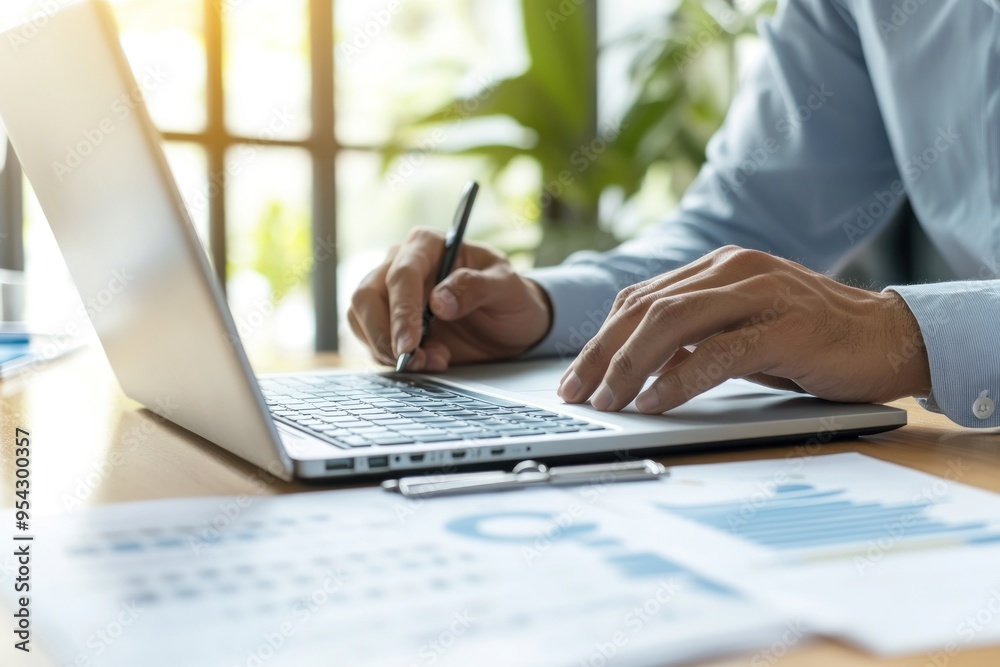 Businessman Working on Laptop with Documents Businessman Working on Laptop with Documents