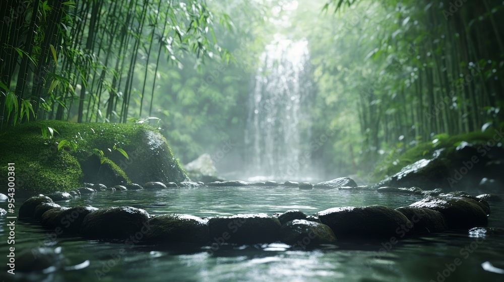 Tranquil Pond in a Lush Bamboo Forest with a Waterfall in the Background Tranquil Pond in a Lush Bamboo Forest with a Waterfall in the Background