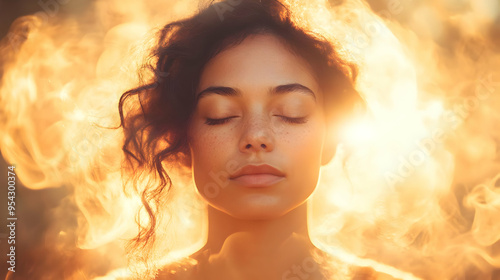 Woman with closed eyes surr...