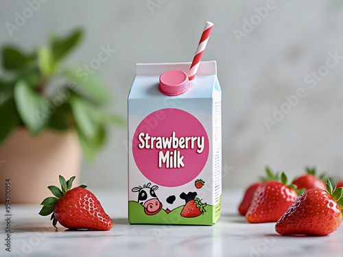 Cute 3D Carton Of “Strawberry Milk” with a straw strawberries all around it on a white background graphic design plant in background  photo