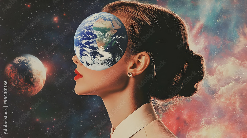 Naklejka premium Woman with Earth for a Head in Space.