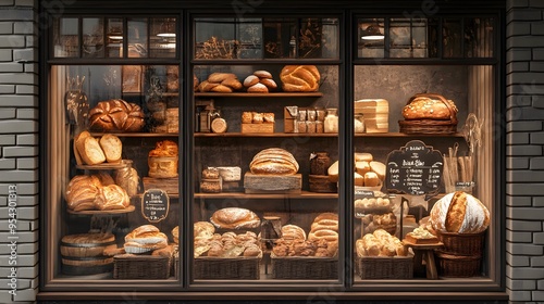 A vintage bakery window with 3D-rendered organic bread and pastries arranged beautifully