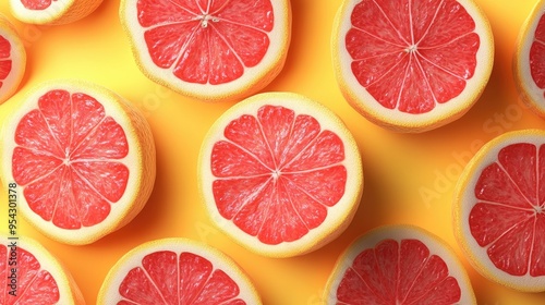 Vibrant Halved Red Grapefruits on Bright Yellow Background: Fresh Fruit Pattern