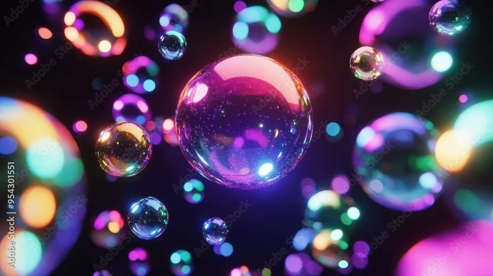 Colorful bubbles float gracefully against a dark background, creating a mesmerizing and vibrant visual effect.