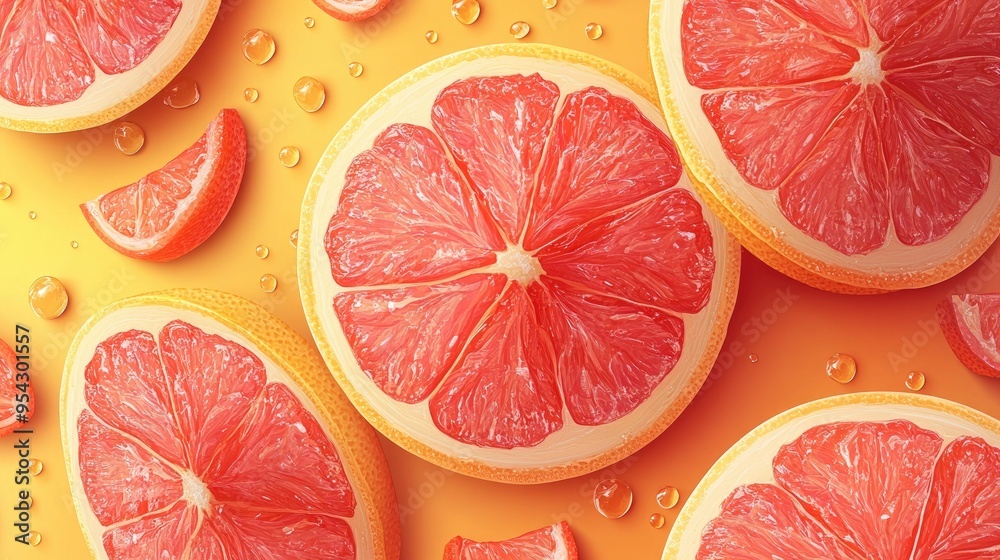 Freshly Sliced Grapefruit Halves with Water Drops on Vibrant Yellow Background Citrus Fruit Stock Photography Freshly Sliced Grapefruit Halves with Water Drops on Vibrant Yellow Background Citrus Fruit Stock Photography