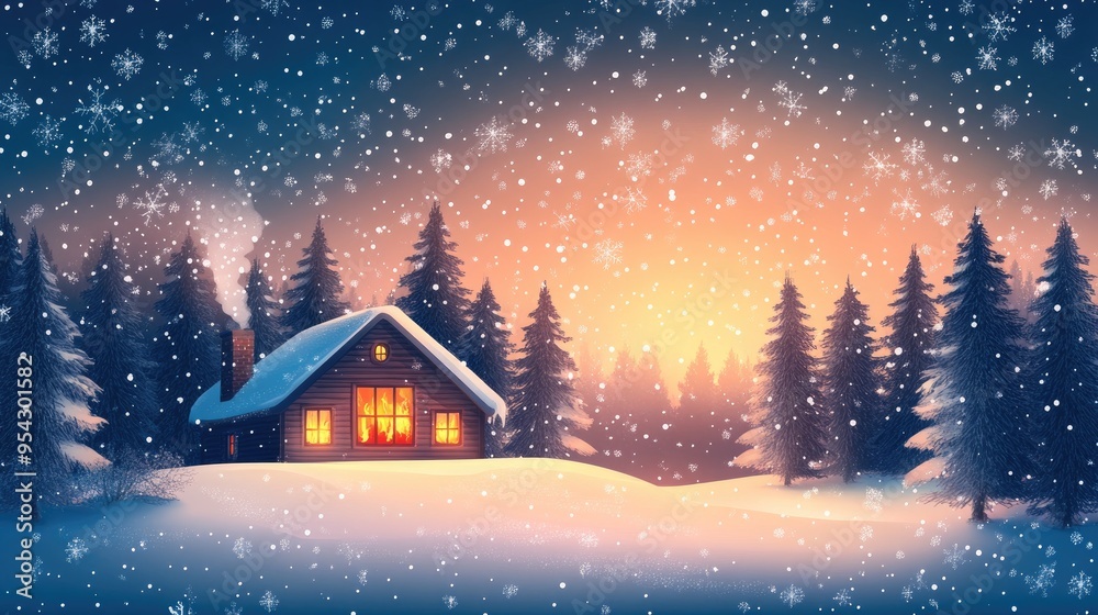 Fototapeta premium Cozy Cabin in Winter Wonderland at Sunset with Snowfall and Christmas Tree