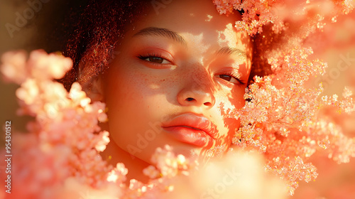 Woman with freckles and red...