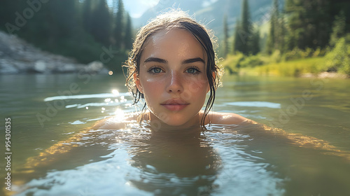 Woman with freckles swims i...