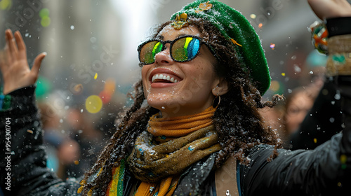 Woman with green hat and su...