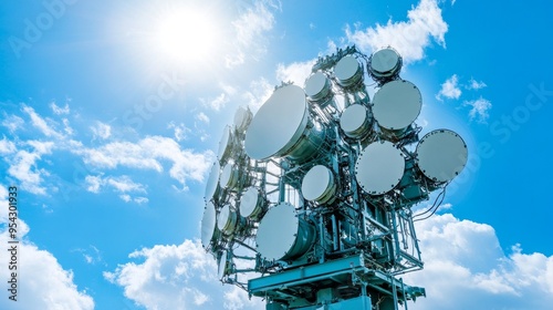 A radar array rotating and scanning sky, searching for signals under bright sun. technology showcases modern communication capabilities. photo